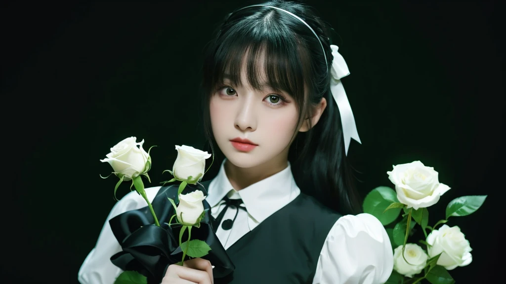 ((masterpiece, best quality)),best aesthetic,1girl, solo, long hair, black dress, flower, ribbon, black background, black hair, rose, hair ribbon, green eyes, long sleeves, white rose, closed mouth, black ribbon, upper body, cinematic lighting
