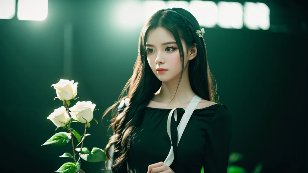 ((masterpiece, best quality)),best aesthetic,1girl, solo, long hair, black dress, flower, ribbon, black background, black hair, rose, hair ribbon, green eyes, long sleeves, white rose, closed mouth, black ribbon, upper body, cinematic lighting