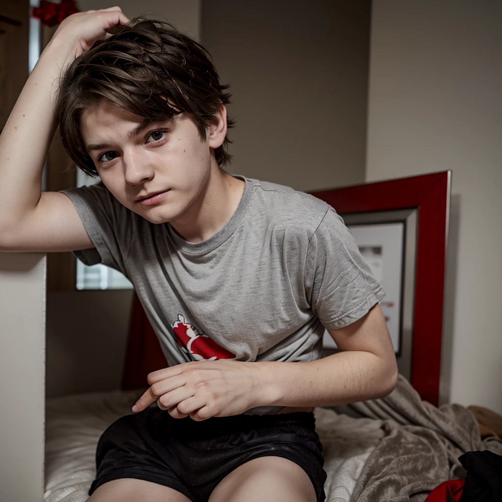 Tord from Eddsworld, a really small and cute and soft boy. Gray eyes, pale skin, messy brown hair. Red t-shirt and black shorts