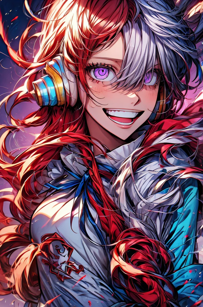 uta \(one piece\), 1girl, :d, bangs, blue ribbon, diamond-shaped pupils, diamond (shape), hair between eyes, headphones, long hair, multicolored hair, purple eyes, red hair, ribbon, shirt, signature, sleeveless, sleeveless shirt, smile, solo, split-color hair, symbol-shaped pupils, upper body, white hair, white shirt