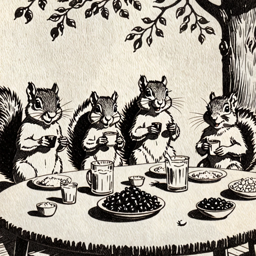 Squirrel, drunk, vintage, pencil draw, 4 squirrels, gathering, table with a bottle of rum in the middle, Squirrel 1 holding a peanut, squirrel 2 holding shredded coconut, squirrel 3 holding raisins, and squirrel 4 holding a sack of flour, sitting with glasses of rum and ice