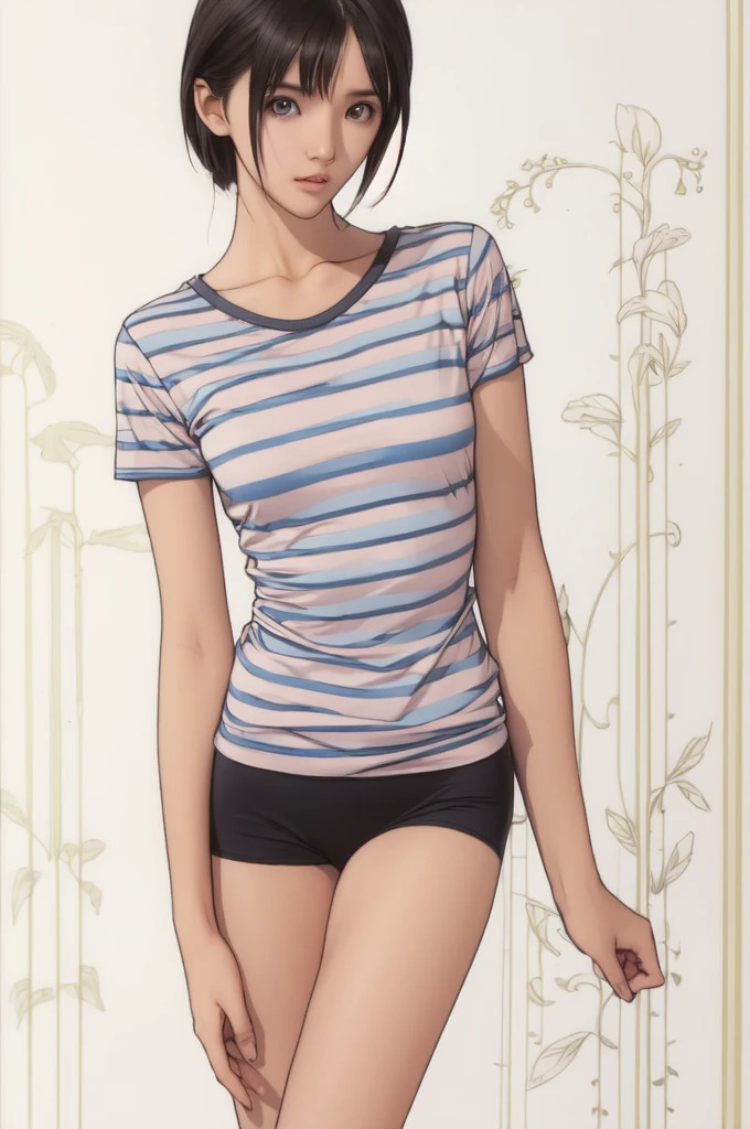 ((masterpiece, best quality)),((highres:1.2)), 1 Girl, solo, Blurred Background, (((Small breasts))), Thighs, (Stripe underwear), T-Shirts,