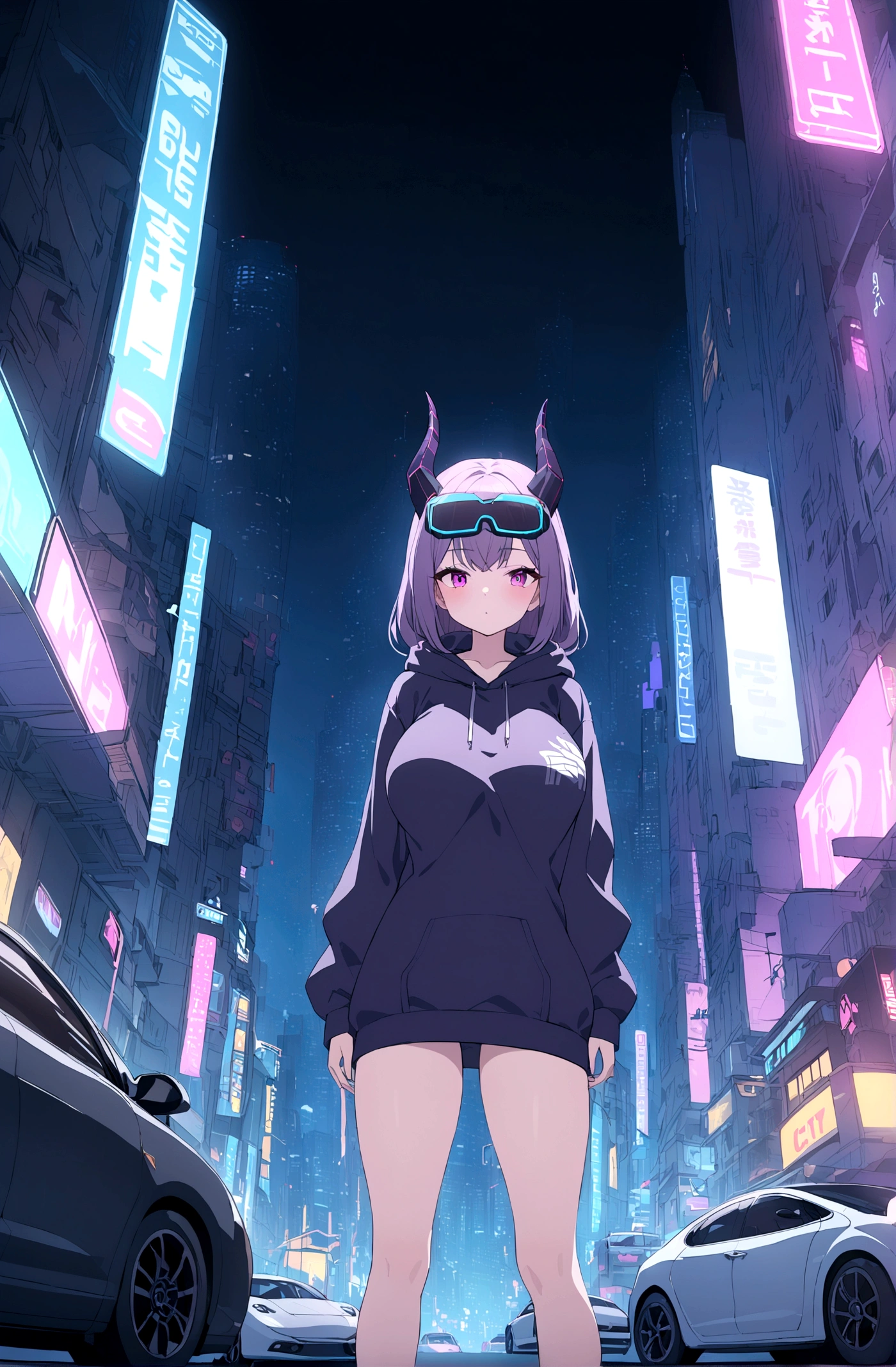 Slim girl, huge tits, standing at the middle of road, wearing black purple hoodie without one arm print, wearing cyber glasses, neon city, at night, cars, cybernetic horns