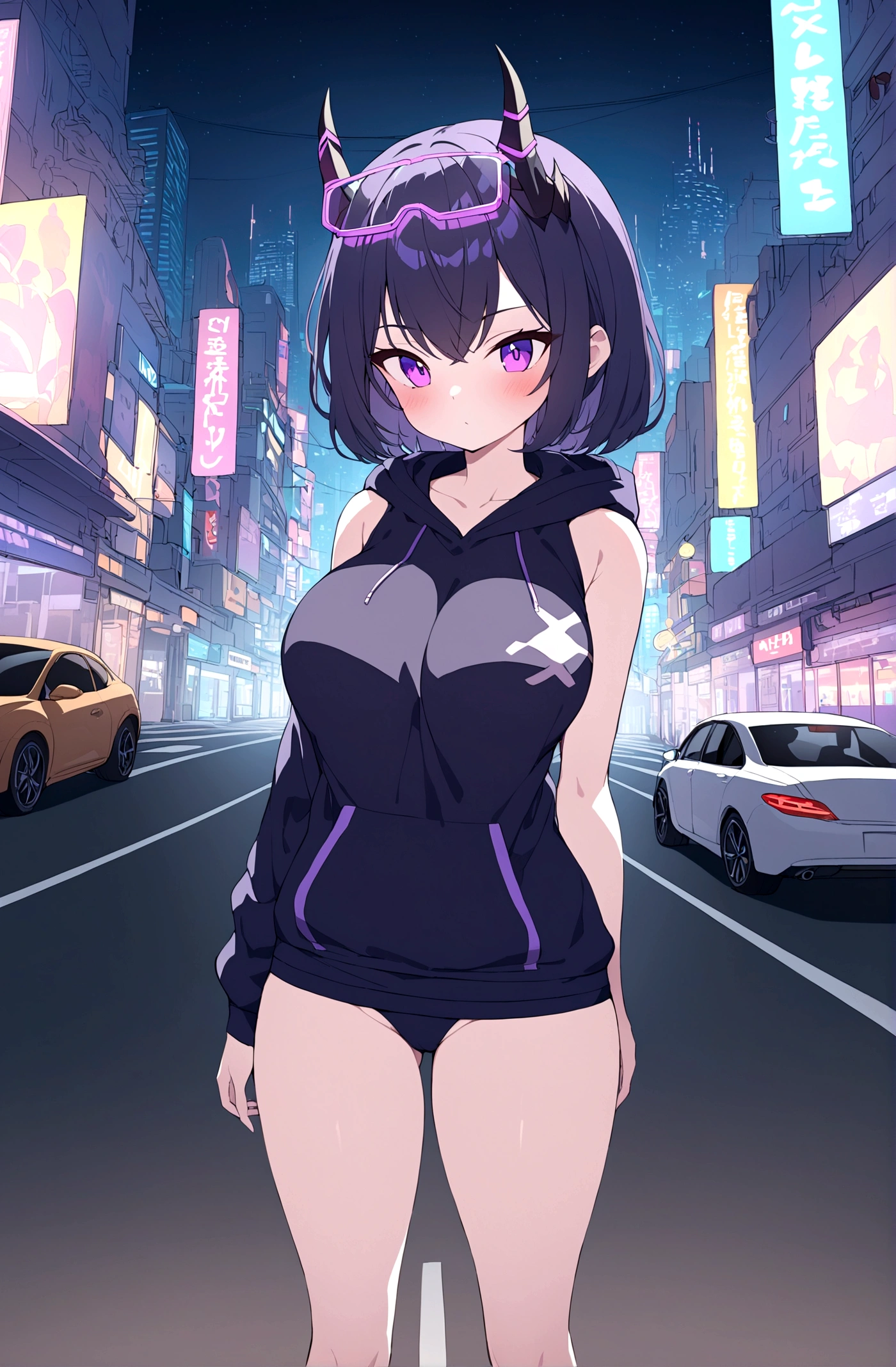 Slim teen girl, huge tits, standing at the middle of road, wearing black purple hoodie without one arm print, wearing cyber glasses, neon city, at night, cars, cybernetic horns