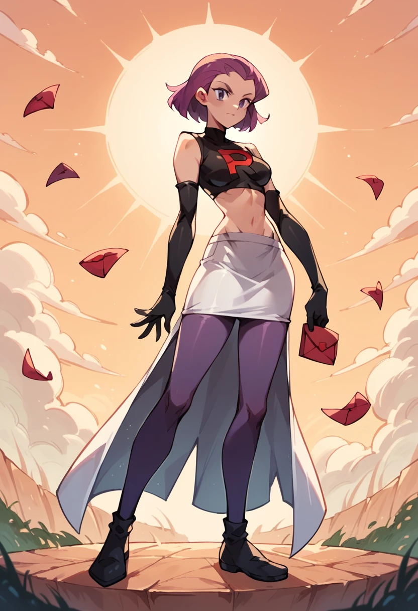Woman wearing team rocket,team rocket uniform,white skirt,red letter R,crop top,black thigh-highs,black elbow gloves, PURPLE PANTYHOSE,  full body,  sun light park 