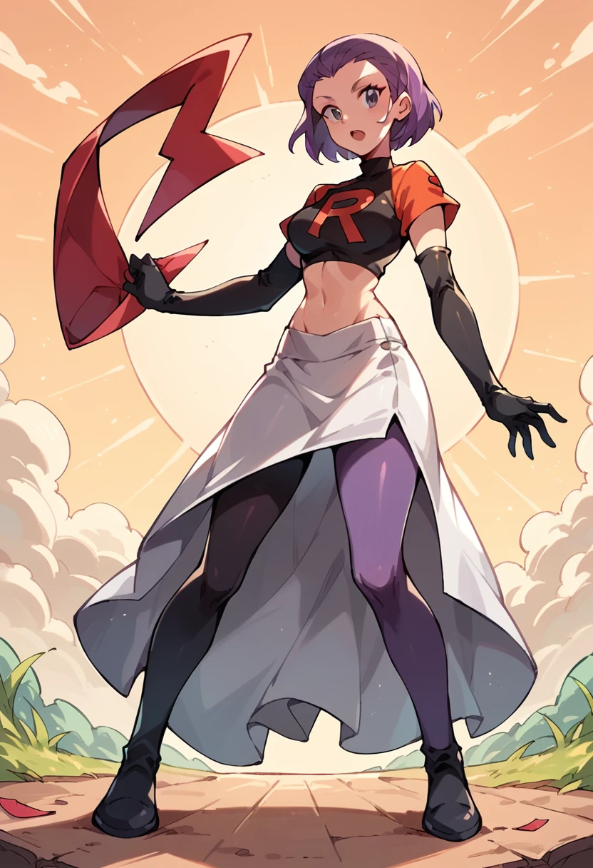 Woman wearing team rocket,team rocket uniform,white skirt,red letter R,crop top,black thigh-highs,black elbow gloves, PURPLE HOSE, full body, sun light park