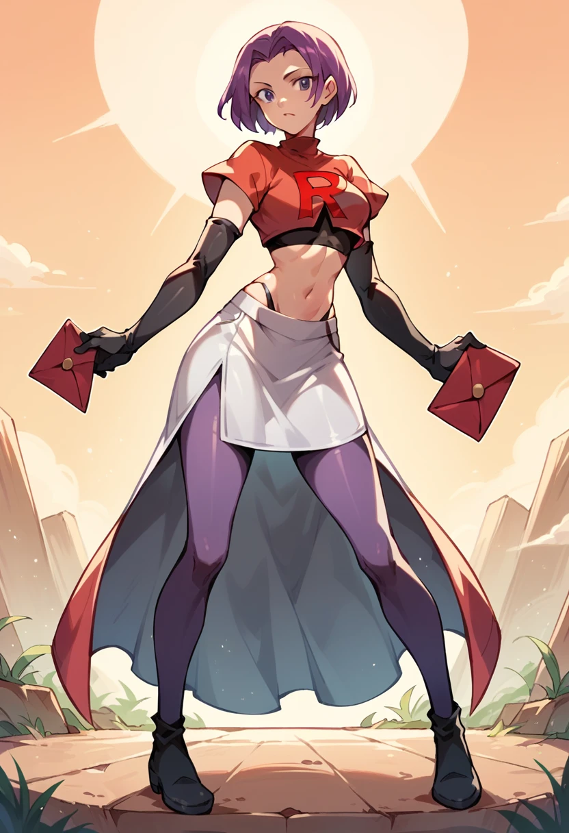 Woman wearing team rocket,team rocket uniform,white skirt,red letter R,crop top,black thigh-highs,black elbow gloves, PURPLE PANTYHOSE,  full body,  sun light park 