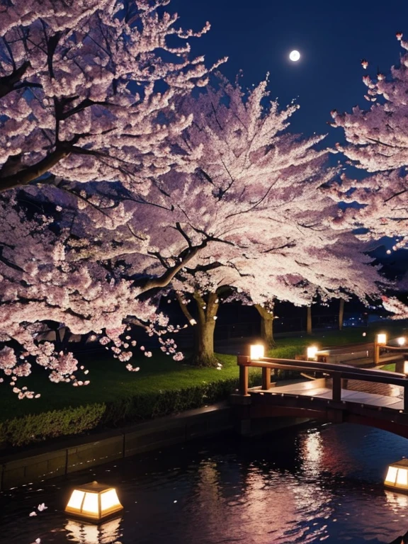 of the highest quality、cherry blossoms at night、cherry tree in full bloom、full moon、petal、Light、beautiful、Fancy