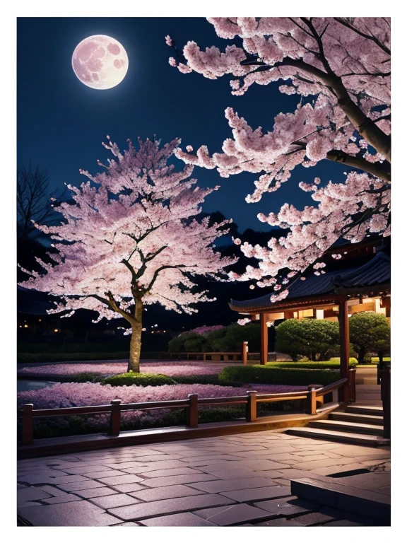 of the highest quality、cherry blossoms at night、cherry tree in full bloom、full moon、petal、Light、beautiful、Fancy
