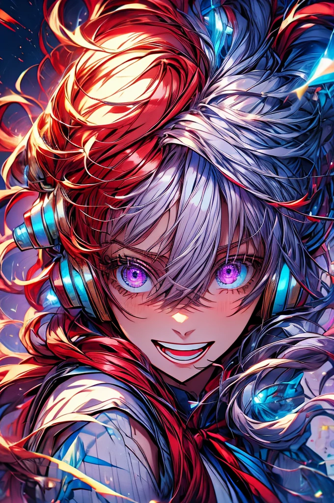 uta \(one piece\), 1girl, :d, bangs, blue ribbon, diamond-shaped pupils, diamond (shape), hair between eyes, headphones, long hair, multicolored hair, purple eyes, red hair, ribbon, shirt, signature, sleeveless, sleeveless shirt, smile, solo, split-color hair, symbol-shaped pupils, upper body, white hair, white shirt