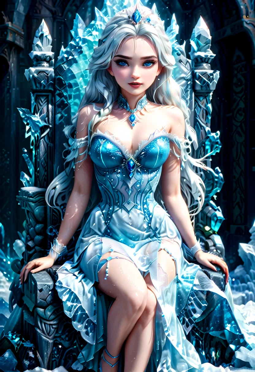 Arafed a picture of a frozen throne for an ice goddess, the goddess is sitting on her icy throne, wearing white and blue royal dress, glamorous dress, cyan hair, long hair, flowing hair, bold intense eyes, extremely exquisite beautiful queen, perfect body, (anatomically correct: 1.3), ultra feminine, ultra detailed face, dark blue lips, azure glowing eyes, she sits on a (throne made from ice: 1.3) of regality, and might, throne carved from ice , legendary symmetric design, with (many carvings in the ice: 1.3), dynamic caevings on the handles decorated with (diamonds: 1.1), and (blue gems: 1.1), fantasy ice goddess hall room background, (masterpiece: 1.4) intense details, highly detailed, photorealistic, best quality, highres,16k, (ultra detailed:1.3(, masterpiece, best quality, (extremely detailed), close up, ultra wide shot, photorealistic, RAW, fantasy art, dnd art, fantasy art, realistic art,((best quality)), ((masterpiece)), (detailed: 1.5), ral-ntrgmstn, faize
