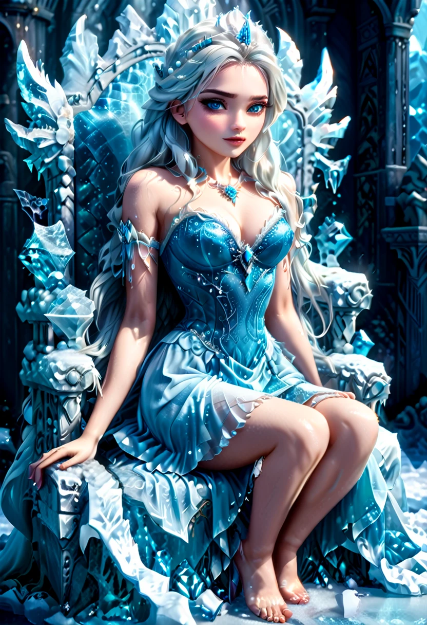 Arafed a picture of a frozen throne for an ice goddess, the goddess is sitting on her icy throne, wearing white and blue royal dress, glamorous dress, cyan hair, long hair, flowing hair, bold intense eyes, extremely exquisite beautiful queen, perfect body, (anatomically correct: 1.3), ultra feminine, ultra detailed face, dark blue lips, azure glowing eyes, she sits on a (throne made from ice: 1.3) of regality, and might, throne carved from ice , legendary symmetric design, with (many carvings in the ice: 1.3), dynamic caevings on the handles decorated with (diamonds: 1.1), and (blue gems: 1.1), fantasy ice goddess hall room background, (masterpiece: 1.4) intense details, highly detailed, photorealistic, best quality, highres,16k, (ultra detailed:1.3(, masterpiece, best quality, (extremely detailed), close up, ultra wide shot, photorealistic, RAW, fantasy art, dnd art, fantasy art, realistic art,((best quality)), ((masterpiece)), (detailed: 1.5), ral-ntrgmstn, faize