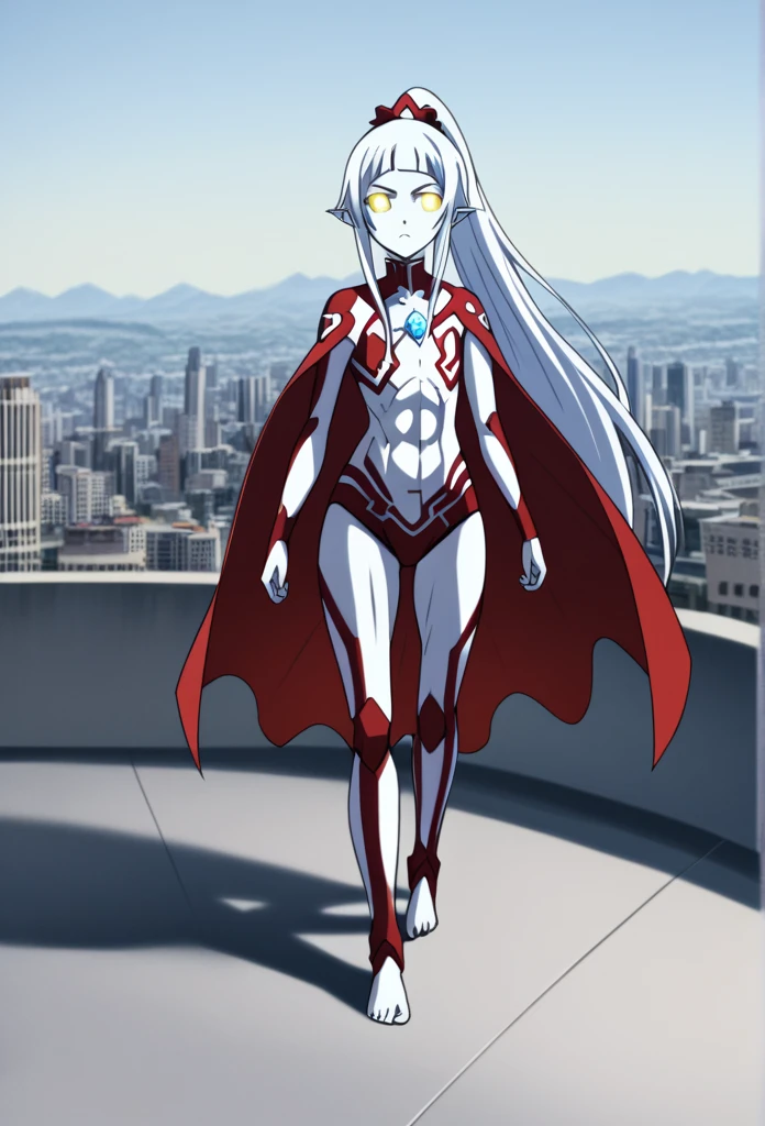 1girl, solo, anime style, 4k quality, masterpiece, best quality, ultra series, sword art online, ****ta, , yui, long hair, blunt bangs, white hair, very long hair, high ponytail, pointy ears, elf, barefoot, ultrawoman, robot, colored skin, glowing eyes, yellow eyes, flat chest, giantess, giant, metallic face, metallic skin, shiny skin, chrome skin, gem on chest, colour timer on chest, chest jewel, blue jewel, muscular, abs, muscular female, Female Bodybuilding Style, ultra beam ( a cross-shape or an L-shape with your arms and firing a beam from your upright arm), thick_thighs, looking at viewer, full body, serious face, closed mouth, standing, giantess, outdoor, city, citycape, skyscraper