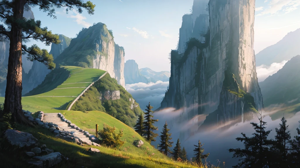 RAW photos of landscapes,The most exquisite details,Realistically,Fog atmosphere,China、spring、landscape、Sky(Implications:1.0)、Epic Composition、Realistic lighting、High Definition Details、masterpiece、best quality,(Highly detailed CG Unity 8k wallpaper),Composition,美学Composition。spring色彩,Illustration poster。