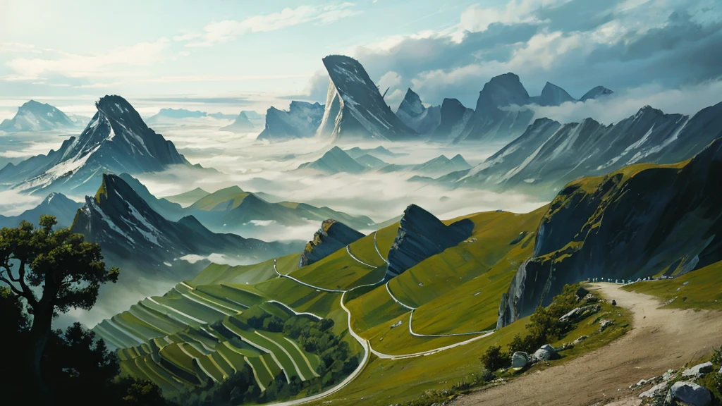 RAW photos of landscapes,The most exquisite details,Realistically,Fog atmosphere,China、spring、landscape、Sky(Implications:1.0)、Epic Composition、Realistic lighting、High Definition Details、masterpiece、best quality,(Highly detailed CG Unity 8k wallpaper),Composition,美学Composition。spring色彩,Illustration poster。