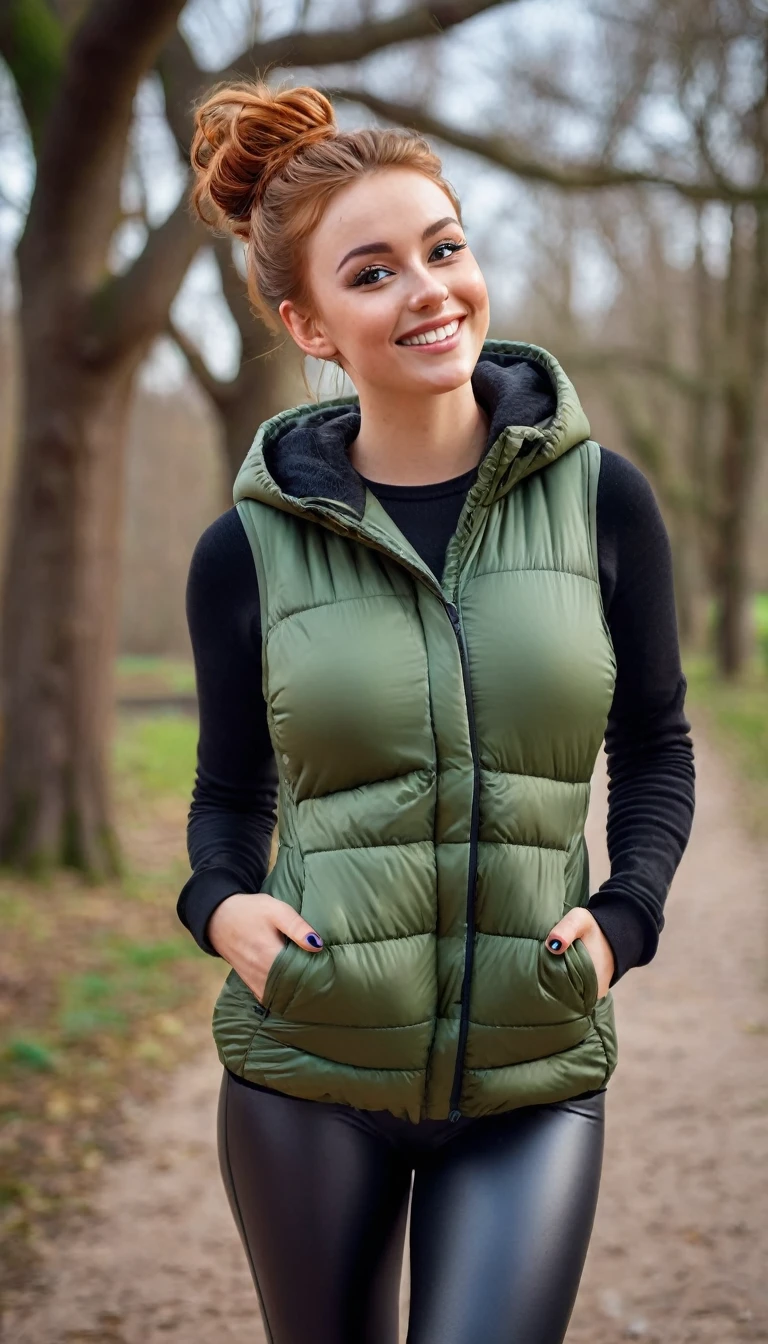 ultrarealistic high quality full body photo of a beautiful busty slim european 25-year-old woman with cute hyperdetailed shy face and natural redhead messy bun hair and shy smile , realistic round hazel eyes, natural lips, dark eye makeup with eyeliner, wearing casual hoodie with puffer vest and latex leggins, hourglass body, outdoor photography, tanned