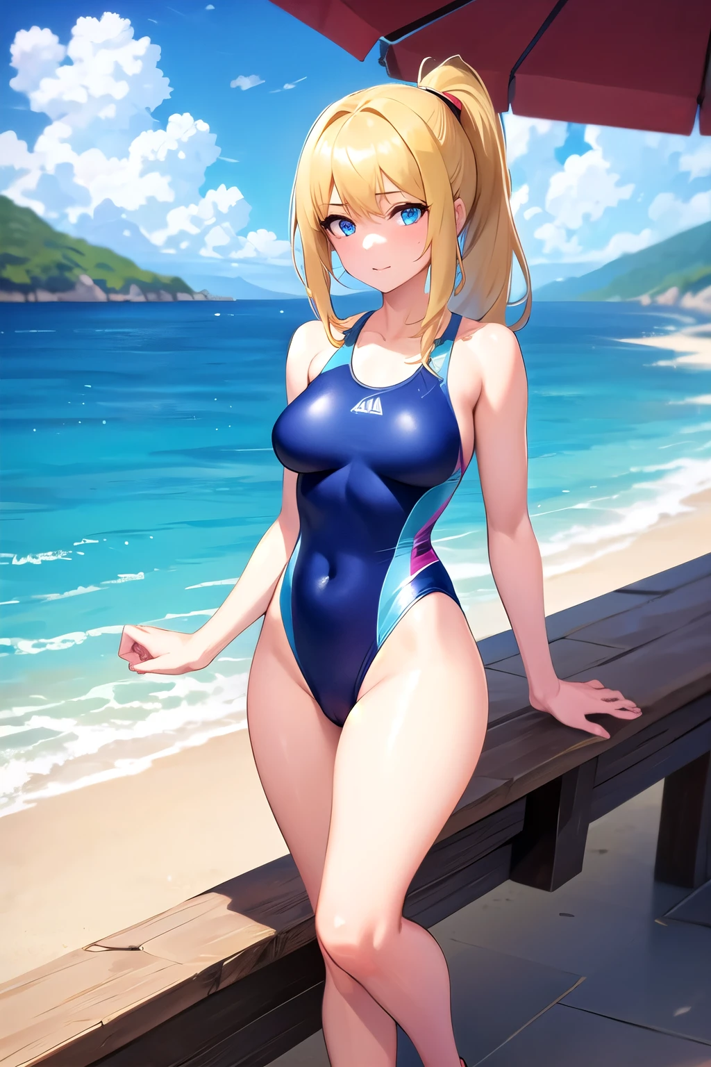 1girl, samus, blue eyes, long ponytail, blonde hair, blue swimsuit, beach, standing, looking at viewer