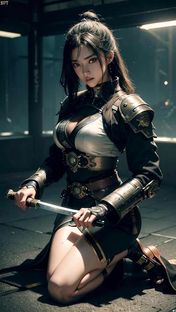 Hyperrealistic version of a woman kneeling down with a sword in her hand, very beautiful cyberpunk samurai,Sit on one knee, anime cyberpunk art, cyberpunk samurai, cyberpunk anime art, anime cyberpunk, cgsociety 9, digital cyberpunk anime art, style of maciej kuciara.1girl, samurai armor, helmet oni evil mask,intricate, ornaments detailed, cold colors, metal, egypician detail, highly intricate details, realistic light, trending on cgsociety, glowing eyes, facing camera, neon details, ultra realistic details, portrait full body, japanese atmosphere, global illumination, shadows, octane render, 8k, ultra sharp.cool ta.((Best quality)), ((masterpiece)), (detailed:1.4), 3D, an image of a beautiful cyberpunk female,HDR (High Dynamic Range),Ray Tracing,NVIDIA RTX,Super-Resolution,Unreal 5,Subsurface scattering,PBR Texturing,Post-processing,Anisotropic Filtering,Depth-of-field,Maximum clarity and sharpness,Multi-layered textures,Albedo and Specular maps,Surface shading,Accurate simulation of light-material interaction,Perfect proportions,Octane Render,Two-tone lighting,Wide aperture,Low ISO,White balance,Rule of thirds,8K RAW,