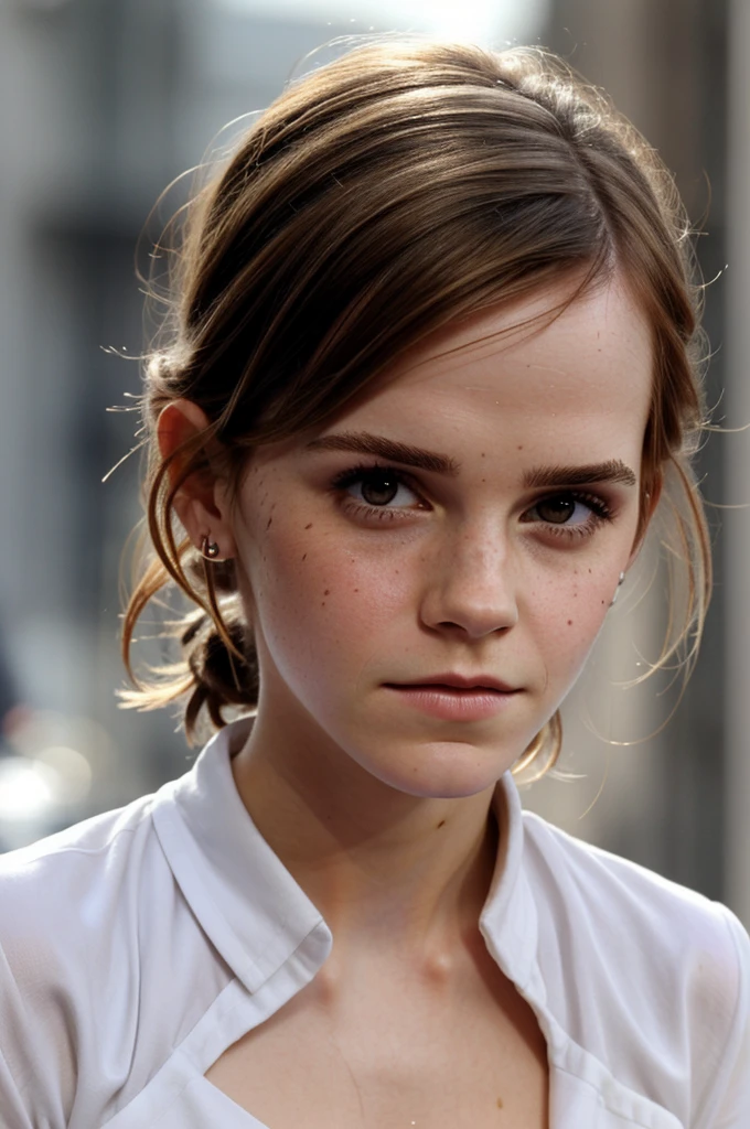 A close-up of Emma Watson stained with milk, a bruised eye and a bruise on the forehead