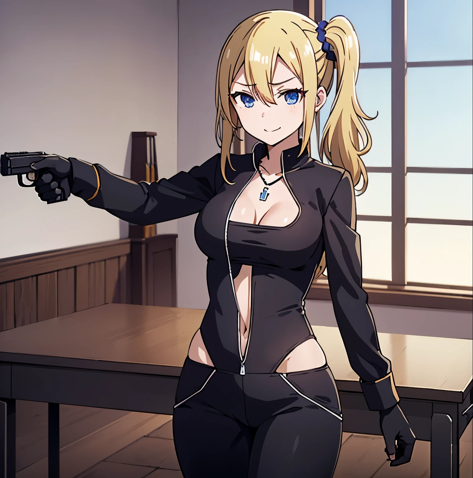 1girl,alone, Ai Hayasaka,masterpiece,best quality,high resolution,ultra detailed,dynamic pose,cowboy shot,detailed eyes,perfect fingers,perfect body,blue scrunchie,side ponytail,hair between eyes,blue eyes, blonde hair, hair topper, medium breasts, narrow waist, wide hips, wide thighs, ((Necklace with a cross, navel cutout, exposed navel, cleavage, long sleeves, jumpsuit, unzip black jumpsuit, tight jumpsuit, black gloves , smile, holding a gun, Gun, Pistol )),(indoor, classroom, leaning next to a desk, window, sunny), (standing ), tears, frowning, looking forward,((focus on breasts), pov (from the middle), perfect anatomy, perfect hands