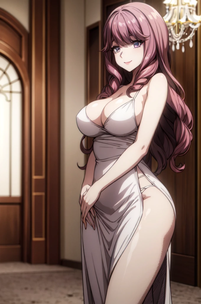 perfect eyes:1.2, detailed eyes:1.4, hall, smile, chandelier, Kurayoshi_R, cleavage, large breasts, ass, white dress, pelvic curtain, long dress, medium full shot, thigh-level shot, 1girl,(masterpiece:1.6, best quality),