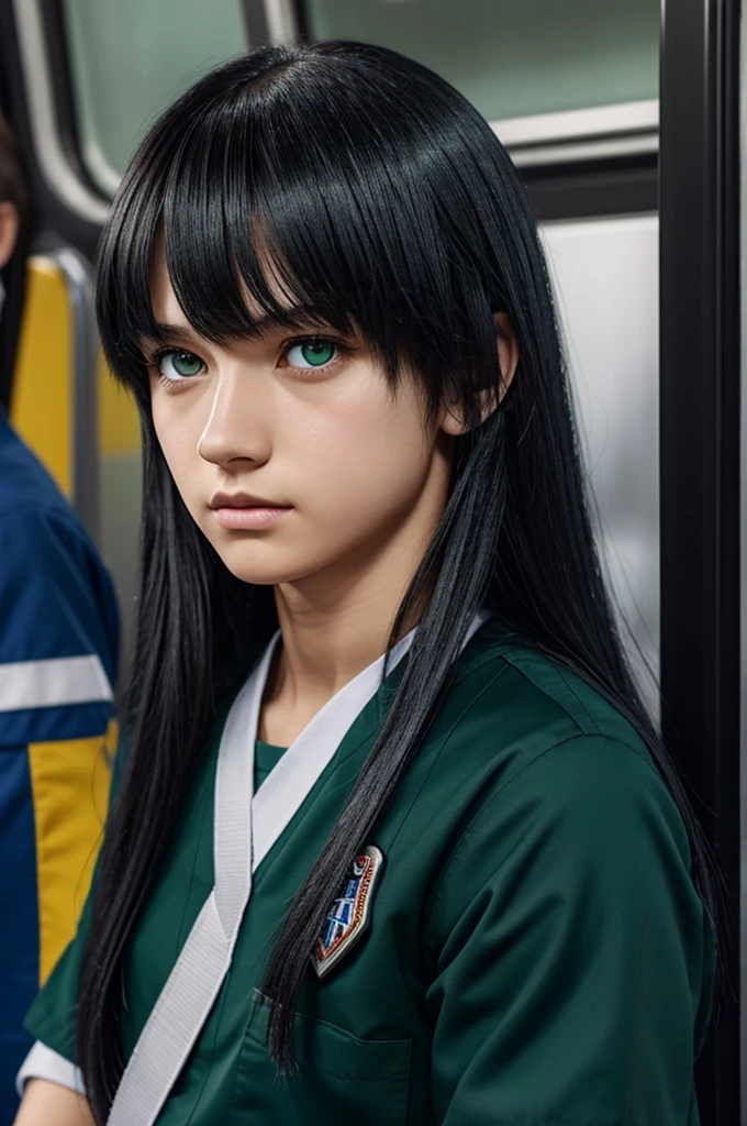 my hero academia, girl with medium long black straight hair, He has bangs on the sides. Phosphorescent medium dark green eyes, He has a serious but soft expression, he has a very good body, trains and wears the UA uniform