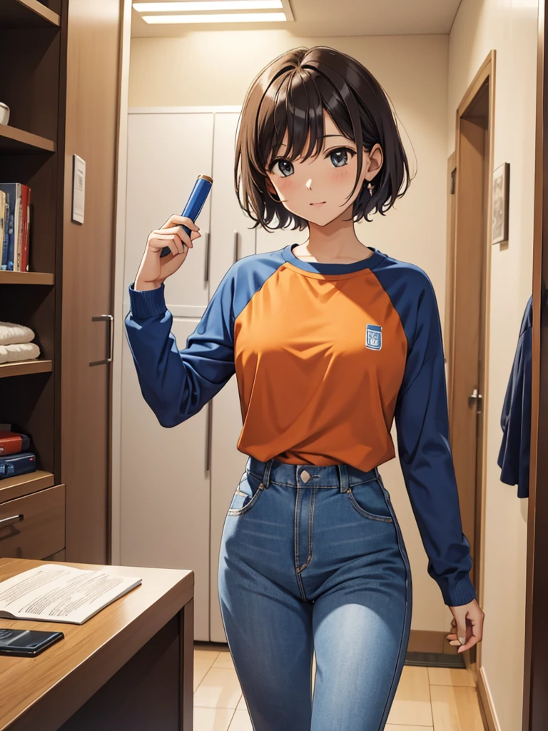 (masterpiece, best quality), sakurada, orange raglan shirt, long sleeves, Blue pants, Scoop neck,