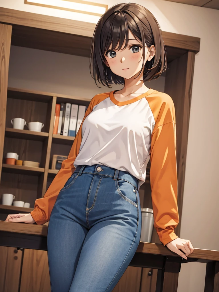 (masterpiece, best quality), sakurada, orange raglan shirt, long sleeves, Blue pants, Scoop neck,