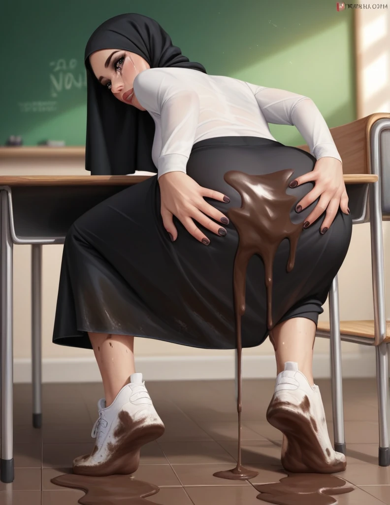 realistic face features, 1girl, 10 year old, cute face, pretty face, cute eyes, bad body, black hijab, long black skirt, tight long sleeve white shirt, white sneakers, crying, (((both hands on ass))), very sweaty, in dirty classroom, near the desk, dirty skirt, dirty chair, dirty clothes, sweaty clothes, (((make the whole image filthy and dirty))), (((some mud dripping from long skirt))), stinky atmosphere, filthy atmosphere, mud on long skirt, disgusting long skirt, (((extreme amount of mud on crotch))),