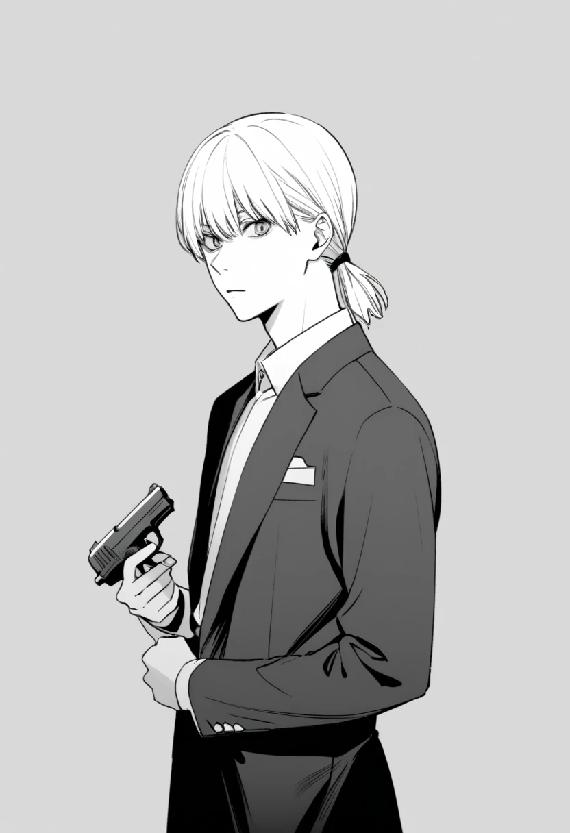 yuto-sano, 1boy, Kaneki, white hair, tied hair, long hair, long tied hair, elegant, monochrome, solo, greyscale, male focus, looking at viewer, pointing a gun