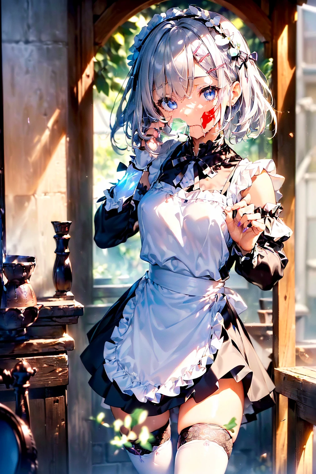 NSFW, BREAK (((Peeing:1.5、Pee:1.5))), BREAK(((Shooting from below)))、The whole body is visible,bedroom,(((undressing,panty pull,Urinating、holding a urinal))), BREAK (((Test:1.5))),(((official art、highest quality、Unity 8k wallpaper、32k:1.5、masterpiece、super detailed、超high resolution、realistic、Photoreal:1.2)))、(cinematic lighting:1.2)、fire glow effect、film grain、best shadows、rim lighting、side light、(Super detailed and complex 3D rendering)、beautiful background、detailed beautiful face and eyes、(Beautiful and sharp pupilasterpiece, high resolution、highest quality, Ultra - High resolution, maximum resolution, very detailed, professional lighting, beautiful skin,BREAK, (Perfect hands, Perfect Anatomy,Detailed Eyes:1.5,Fine eyes:1.5),(((rem, sky blue eyes, silver hair, hair ornament, hair over one eye, hair ribbon, short hair, x hair ornament))),(((black ribbon, black skirt, black sleeves, detached collar, detached sleeves, frilled skirt, frills, head wreath, long sleeves, maid, Miniskirt, neck ribbon, purple ribbon, ribbon, ribbon trim, ribbon-trimmed sleeves, roswaal mansion maid uniform, short hair, skirt, thighhighs, waist apron, white apron, white thighhighs,Off the shoulder))), (((Focus on the chest、Pay attention to the panties))),BREAK(((saliva、糸ひくsaliva、A clear liquid is spilling from his mouth and dripping down his chin..5))) , (((Surprisingly huge amounts of semen on head, chest and thighs))),BREAK 太い輪郭:1.3、Fine contours,BREAK (((非常にFine eyes、Eyes that reflect the light and shine beautifully:1.3、Highly detailed face、Clear Eyes)))、Beautiful Skin、Fair skin、bright、(((Beautiful silver hair:1.3))),BREAK (((:1.3))),Detailed face, Detailed skin, Detailed clothing, Detailed fingers, Toned Legs,Small waist、Attractive thighs、Amazingly thin legs、Incredibly slim thighs、smooth and beautiful thighs、 Beautiful legs with less unevenness、Her thighs are wet with an amazing amount of semen, BREAK 非常に大量の汗をかく,(((I-type Valley,Amazingly large breasts:1.3、Amazingly plump and big breasts:1.5,Big Tits:1.5,Beautiful breasts、Beautiful breastsの形、Pointed Chest、The tip of the chest is sharp、Amazingly huge amount of cum and very wet all over the boobs:1.3))),BREAK (((spread your legs to the sides,:1.3,Spread your legs out to the side at 90 to 120 degrees:1.5)))、Attractive cleavage,Semen accumulation in cleavage、BREAK Water dripping from the crotch、BREAK 黒ガーター、Black leg garterlack knee-high socks、Mini skirt 30cm above the knee、Very small skirt,BREAK (((Small panties exposed:1.3、The crotch of the panties is wet))),BREAK シャツの第2ボタンと第3ボタンと第4ボタンと第5ボタンが外れている,BREAK ブラウンのローファー,BREAK (((Perfect vaginal shape、Fine vagina))) ,BREAK (((口を大きく開けてsalivaを大量にたらす:1.5、Detailed Mouth:1.5、blowjob mouth)))、(((I'm embarrassed and my cheeks are very flushed:1.5)))、Embarrassed and blushing,My cheeks are wet with a lot of sweat,((Lift up your skirt yourself、Lift the hem of a skirt:1.5)),cooperative han