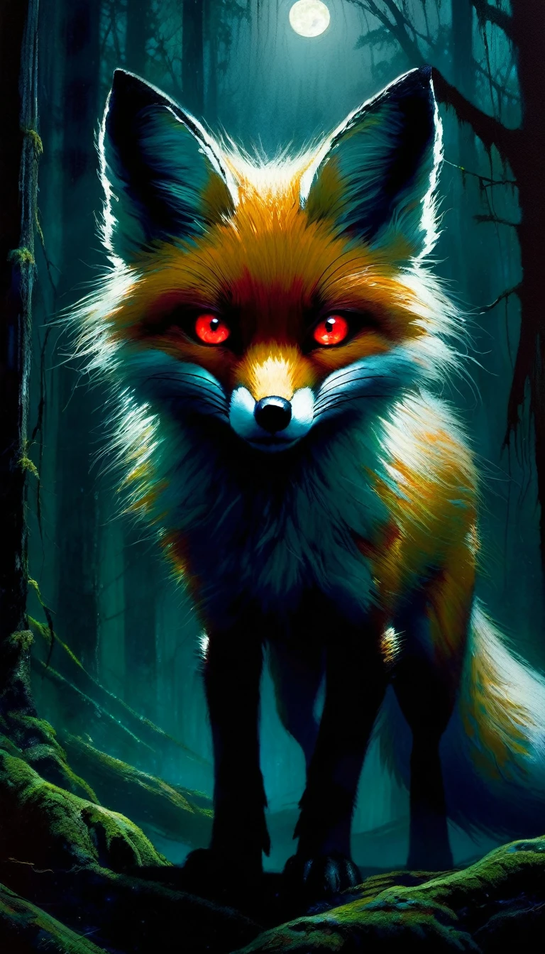 a little angry fox with red eyes, walking through a dark old-growth forest at night, foggy creepy atmosphere, fantasy magical night landscape, glowing moon, stars in night sky, mossy dark trees, detailed fur, detailed eyes, detailed facial features, extreme detailed, dramatic lighting, moody atmosphere, cinematic, dark fantasy, muted colors, deep shadows, glowing eyes, , moonlit, moody lighting, atmospheric, (art inspired in Bill Sienkiewicz). oil painting)