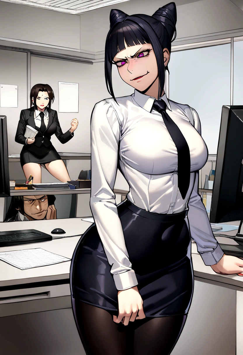 juri han, work of art, tight white secretary shirt with black tie, black high waist skirt, short skirt,stocking, black hair, black tights,evil smile,office,franja nos olhos,iluminação,chifre de cabelos,visão de cima,olhando para cima
