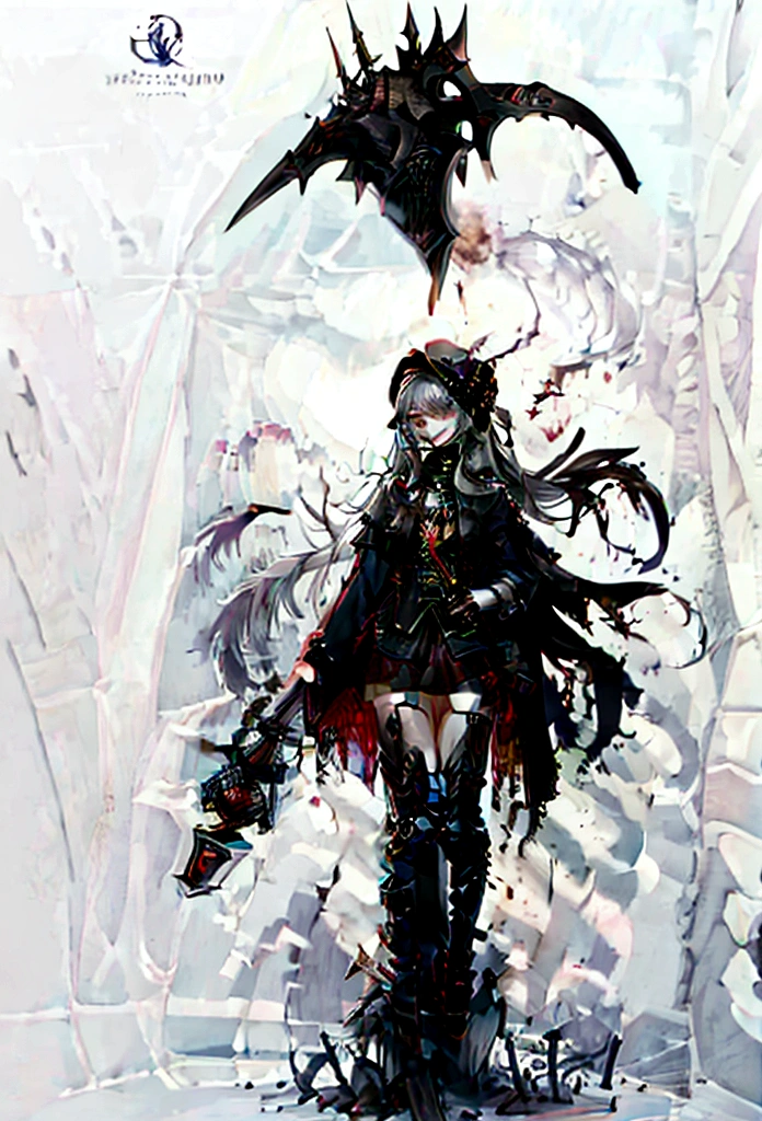 A girl in a black coat. Her eyes look bad. She has a black hat. dirty clothes. Lantern in her hand. A big sickle in her hand. mini skirt. Crouch down. Bone beast. Cemetery.
