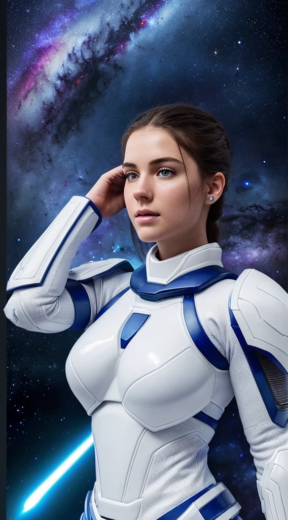 *RAW, 1 girl, showy, ((matte white armor, blue lights )), (Masterpiece, Best Quality), (detailed skin:1.3, detailed face:1.3), DSLR, realist, ((( pose, detailed galaxy landscape))), delicate, Soft colors, cinematic lighting* - <@417843734584229888