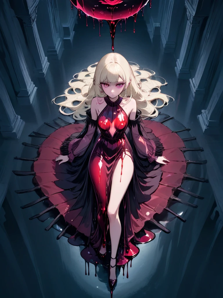 Gothic style a beautiful woman wearing a rose red (liquid dress) Prone in "Cyber Nexus", Bird's Eye View, from front, [full body],
depressed,
Fringe,
Platinum Blonde hair, . Dark, mysterious, haunting, dramatic, ornate, detailed