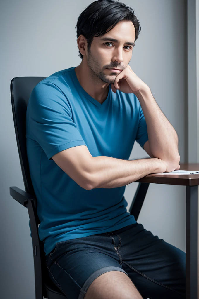 A 38-year-old man with short black hair dressed in blue holding a blue shield sitting on a chair 