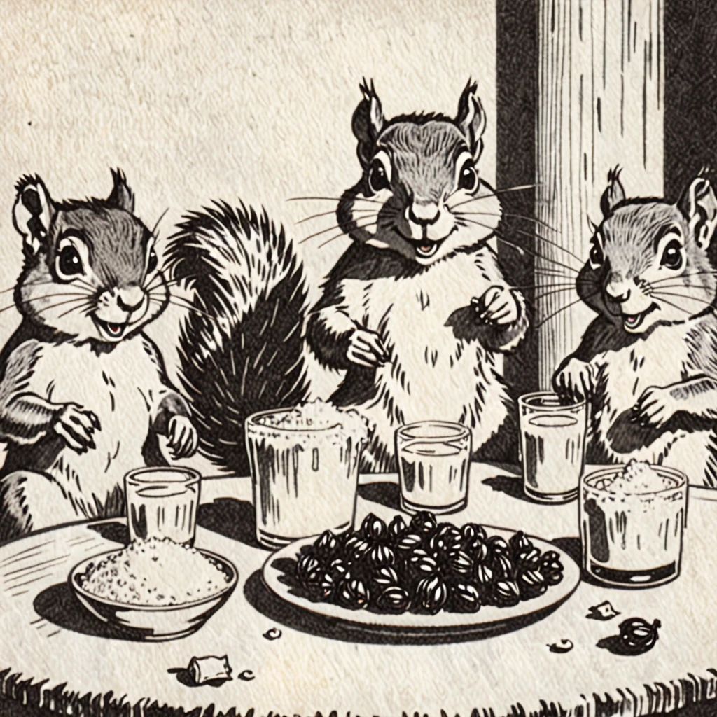 Squirrel, drunk, vintage, pencil draw, 4 squirrels, gathering, table with a bottle of rum in the middle, Squirrel 1 holding a peanut, squirrel 2 holding shredded coconut, squirrel 3 holding raisins, and squirrel 4 holding a sack of flour, sitting with glasses of rum and ice, different facial expressions