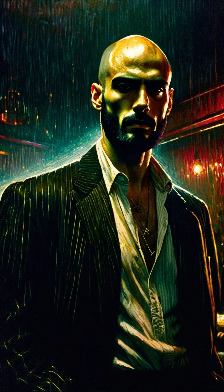 a young thin bald man with a black beard, mafia style, in a club, oil painting, highly detailed, cinematic lighting, dramatic chiaroscuro, gritty and grungy atmosphere, rich colors, moody, Bill Sienkiewicz inspired art, photorealistic, 8k, best quality, intricate details, masterpiece