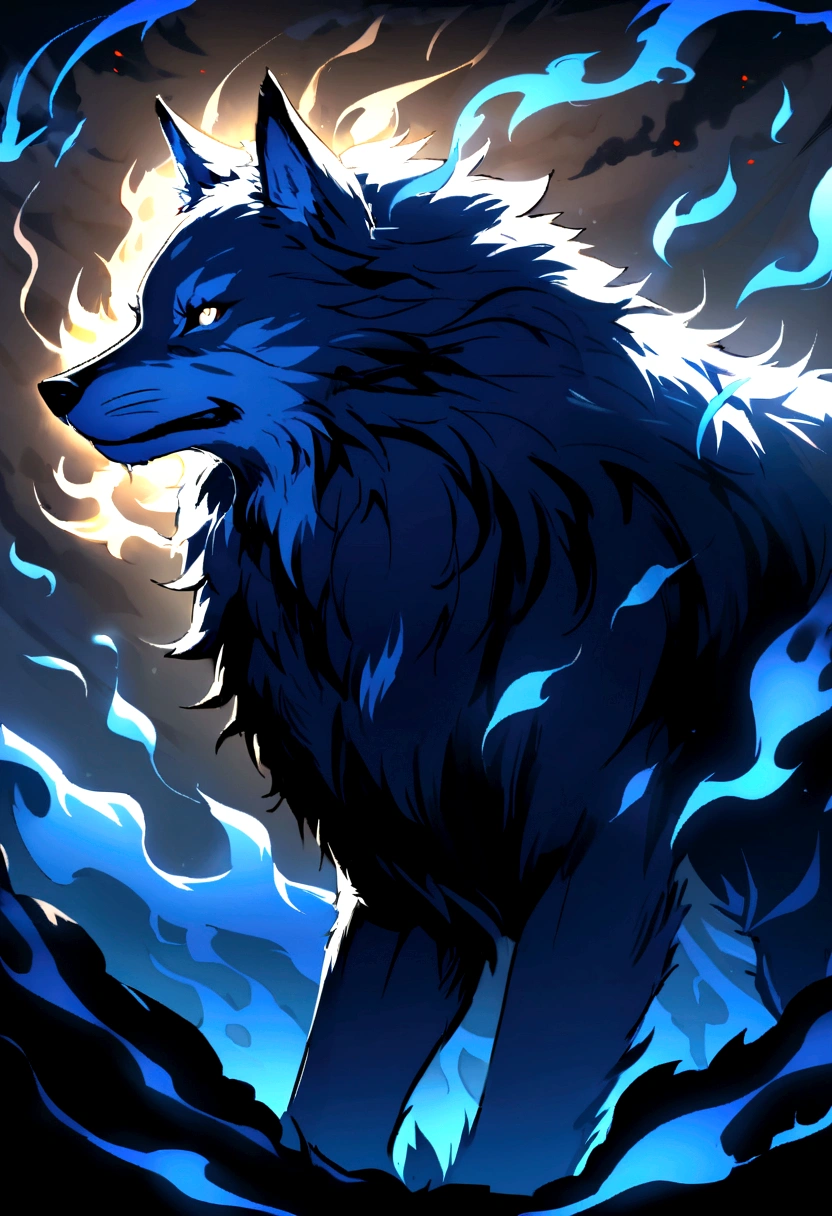 Create a detailed image of a wolf with blue fur. The wolf should be surrounded by flames that are also blue, as if its body is imbued with blue fire. The flames should look natural and blend harmoniously with the wolf's fur. The wolf's expression should be fierce and imposing, with bright eyes that highlight its powerful nature. The background of the image should be a dark setting to contrast with the blue flames' glow.
