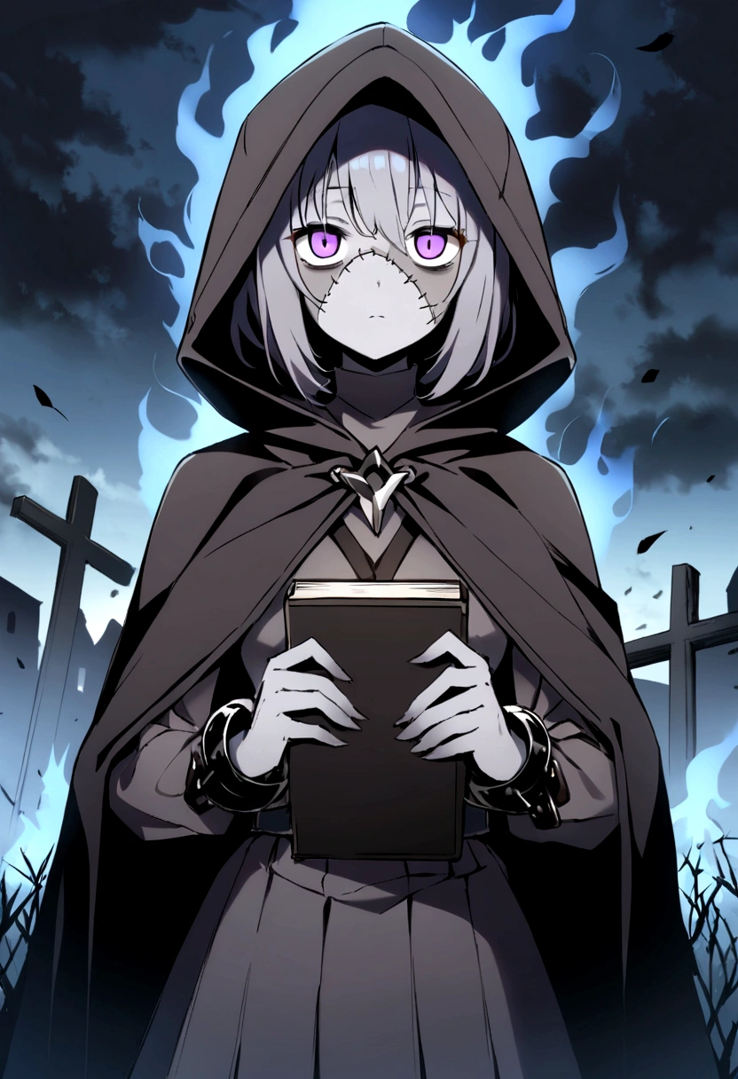 1girl, short hair, gray skin, colored skin, purple eyes, short hair, emotionless, bags under eyes, patchwork skin, hood, cape, shackles, standing, graveyard, outdoors, holding book, floating flaming skulls score_9, score_8_up, score_7_up, score_6_up, score_5_up, score_4_up, BREAK source_anime, masterpiece