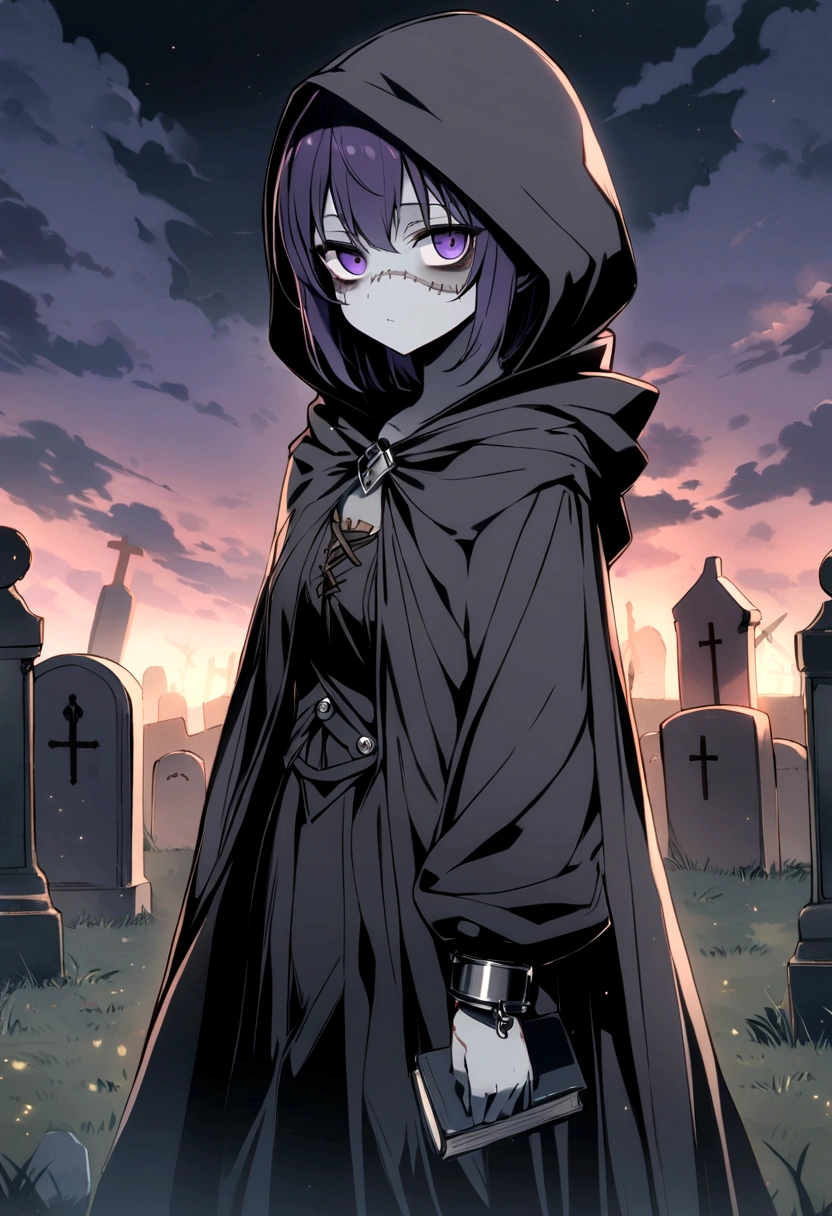 1girl, short hair, gray skin, colored skin, purple eyes, short hair, emotionless, bags under eyes, patchwork skin, hood, cape, shackles, standing, graveyard, outdoors, holding book, floating flaming skulls score_9, score_8_up, score_7_up, score_6_up, score_5_up, score_4_up, BREAK source_anime, masterpiece
