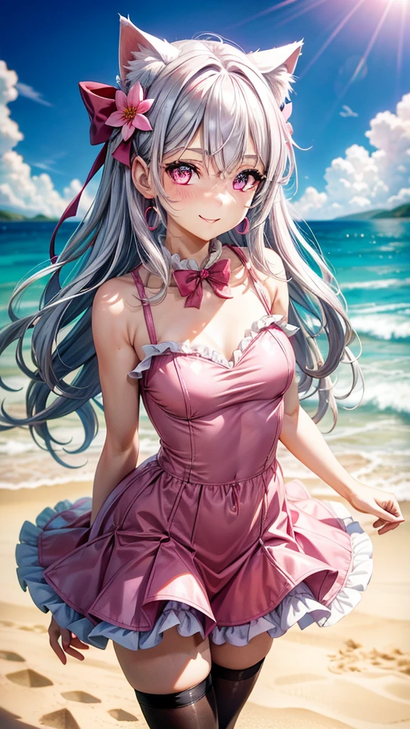 Silver hair, pink eyes, body, cat ears, adult girl, earrings, flower beach sky clouds background, red pink uniform, hair bows, happy face, thigh up, looking at straight, flowers