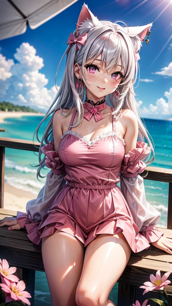 Silver hair, pink eyes, body, cat ears, adult girl, earrings, flower beach sky clouds background, red pink uniform, hair bows, happy face, thigh up, looking at straight, flowers