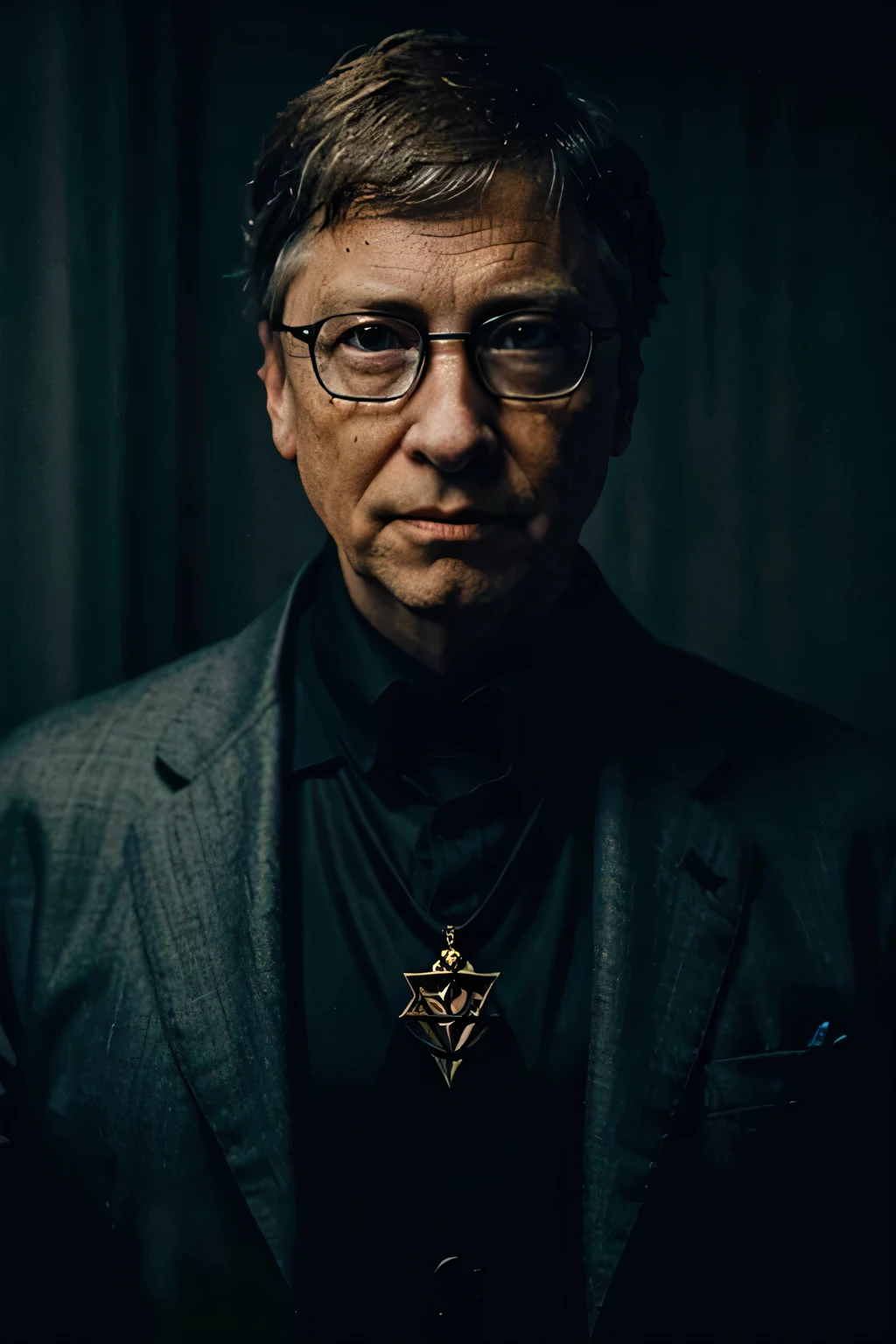 Bill Gates as a masonic overlord, dystopian dark atmosphere. Close up face