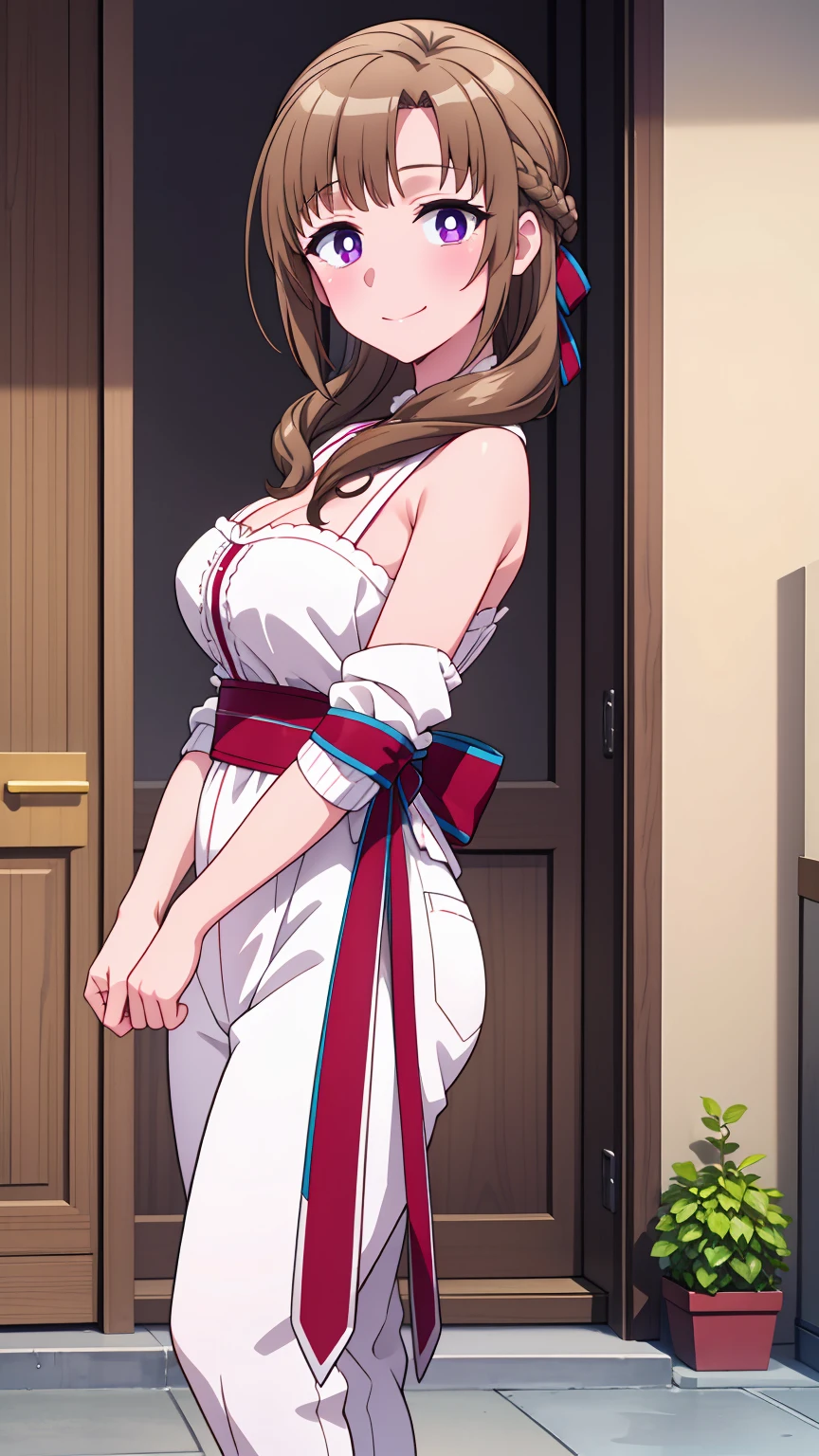 masterpiece, (best quality), 8k uhd, girl, mamako_oosuki, brown hair, long hair, (hair down), purple eyes, mature female, white shirt, pants, sweater, big breasts, ribbon, sexy woman,smile, ,closed clothes, embarrassed, blush, bare shoulders, vibrant colors ,natural lighting, beautiful, (detailed face:1.2), showcase, (perfect eyes:1.1) ,(photorealistic:1.1), looking at viewer, outdoors