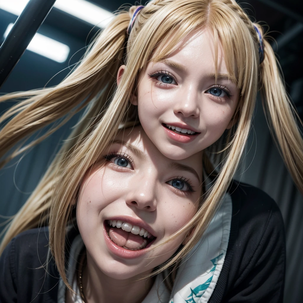 Himiko Toga, the villain from "My Hero Academia." Emphasize the distinctive features of her face to capture her essence and unsettling nature. Himiko Toga should appear with an expression that reflects her overwhelming, almost manic excitement. Her smile should be wide and deranged, showing a mix of enthusiasm and danger, with sharp, well-defined teeth. This smile should radiate a sense of disturbing joy and a menacing eagerness.
Himiko's eyes should be large and expressive, with slightly dilated pupils and an intense shine that reveals her eccentric and obsessive nature. The color of her eyes should be vibrant and saturated, standing out on her face and adding an extra layer of intensity to her gaze. Ensure to capture that spark in her eyes that suggests both a childlike curiosity and an underlying threat.
Her hair should be tied up in two messy buns on either side of her head, with loose strands falling around her face, framing her features. The color of her hair should stay true to her depiction in the anime/manga, with pale blonde tones that contrast with the intensity of her eyes and facial expression.
In addition to her facial features, incorporate details of her modified . Be sure to include distinctive elements like the knives she often carries and other aspects of her outfit that reflect her personality and style. The image should convey her psychotic and dangerous nature, highlighting both her physical appearance and her attitude.