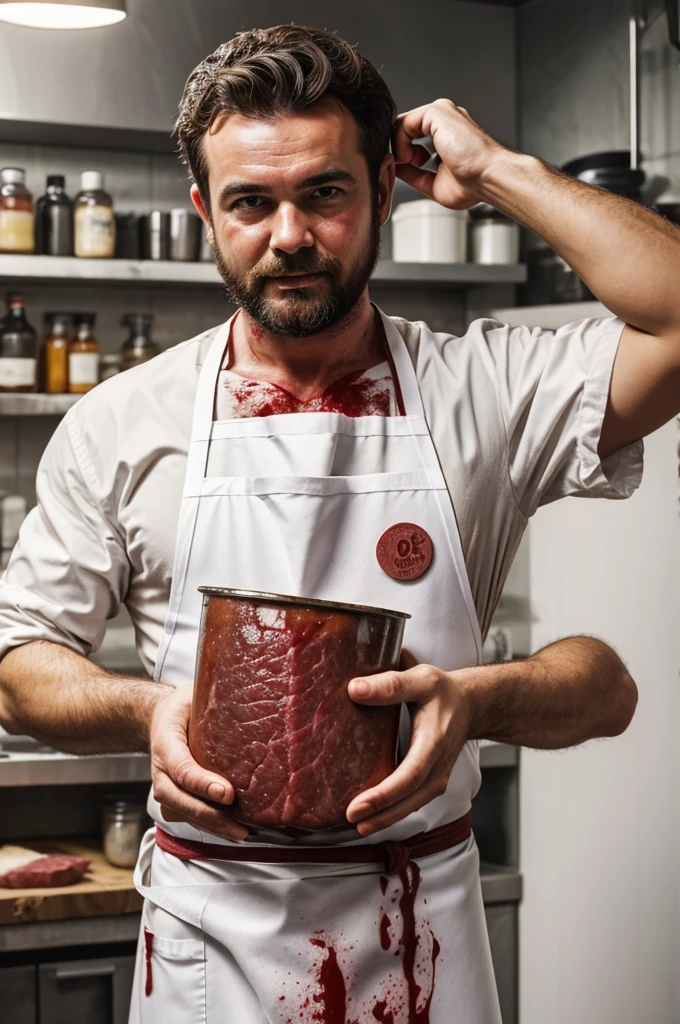 Butcher with white apron dirty with blood. He is drinking mate and behind him there is a half beef hanging