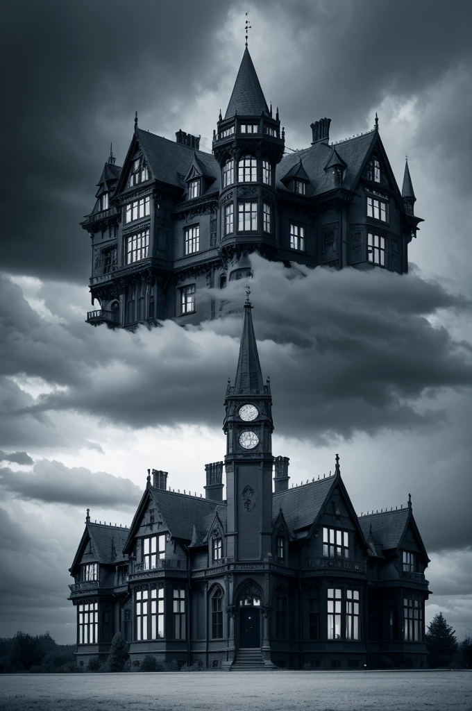 A stately, gothic mansion beneath a stormy sky.
Black palette, gris, dark blue and white to create a melancholy and intriguing atmosphere.