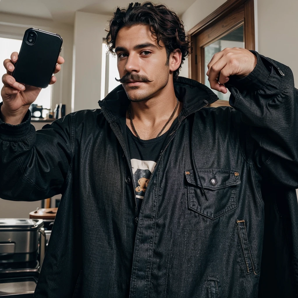 Handsome man , light mustache, hot muscular body , medium curly hair , phone selfie, best quality like its taken by iPhone 12 , wearing black baggy jeans and black jacket